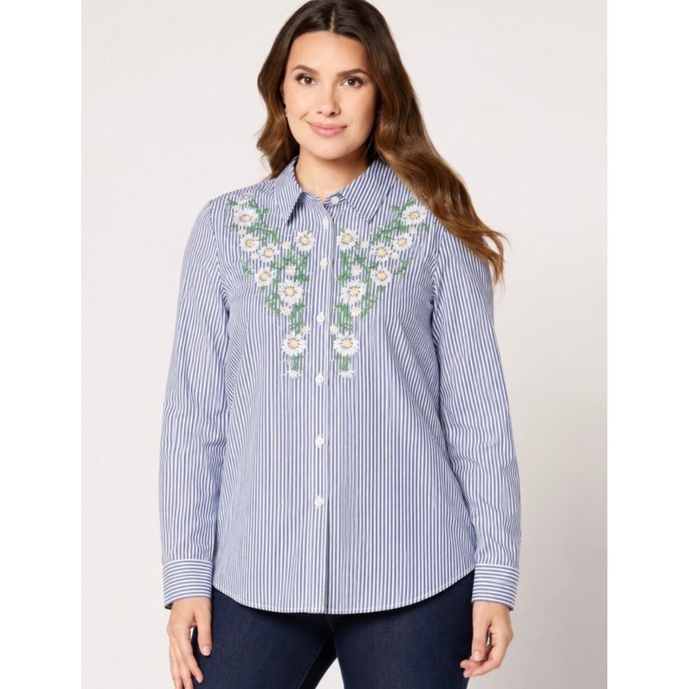 Quacker Factory Button Down Shirt Womens XL Blue White Stripe Floral Cottagecore